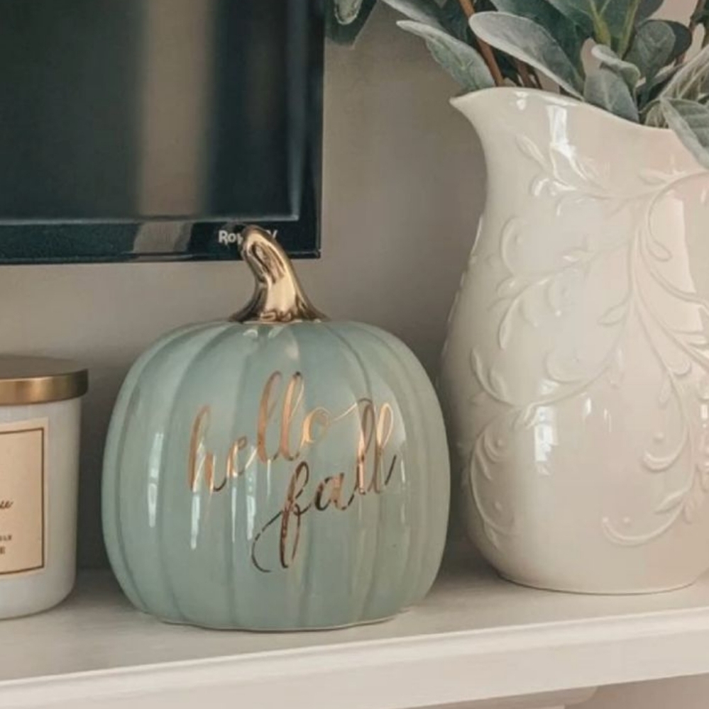 ANTHROPOLGIE Elegant Sage Rose Gold Ceramic Pumpkin Decor